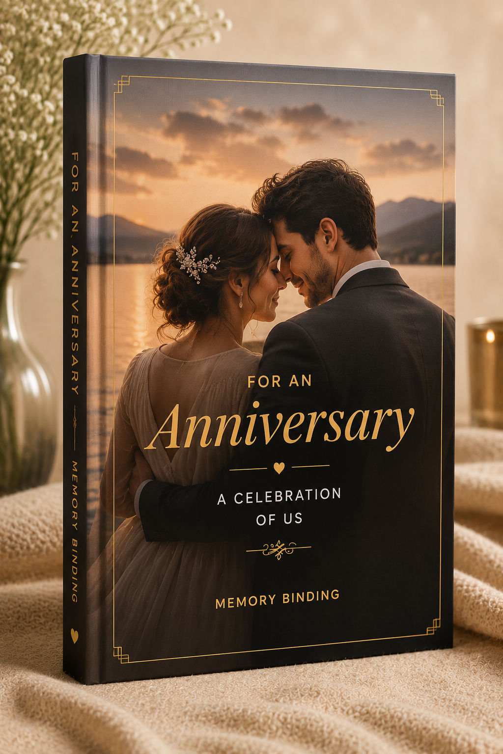 Black anniversary memory book with gold details and couple photo cover