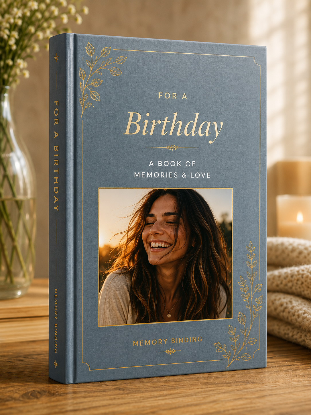 Blue birthday memory book with gold botanical details and photo cover