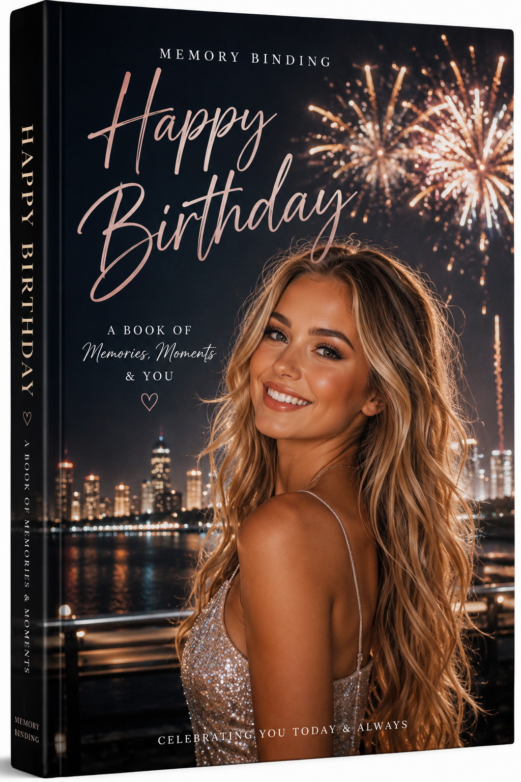 Happy Birthday personalized keepsake book with fireworks and city skyline cover