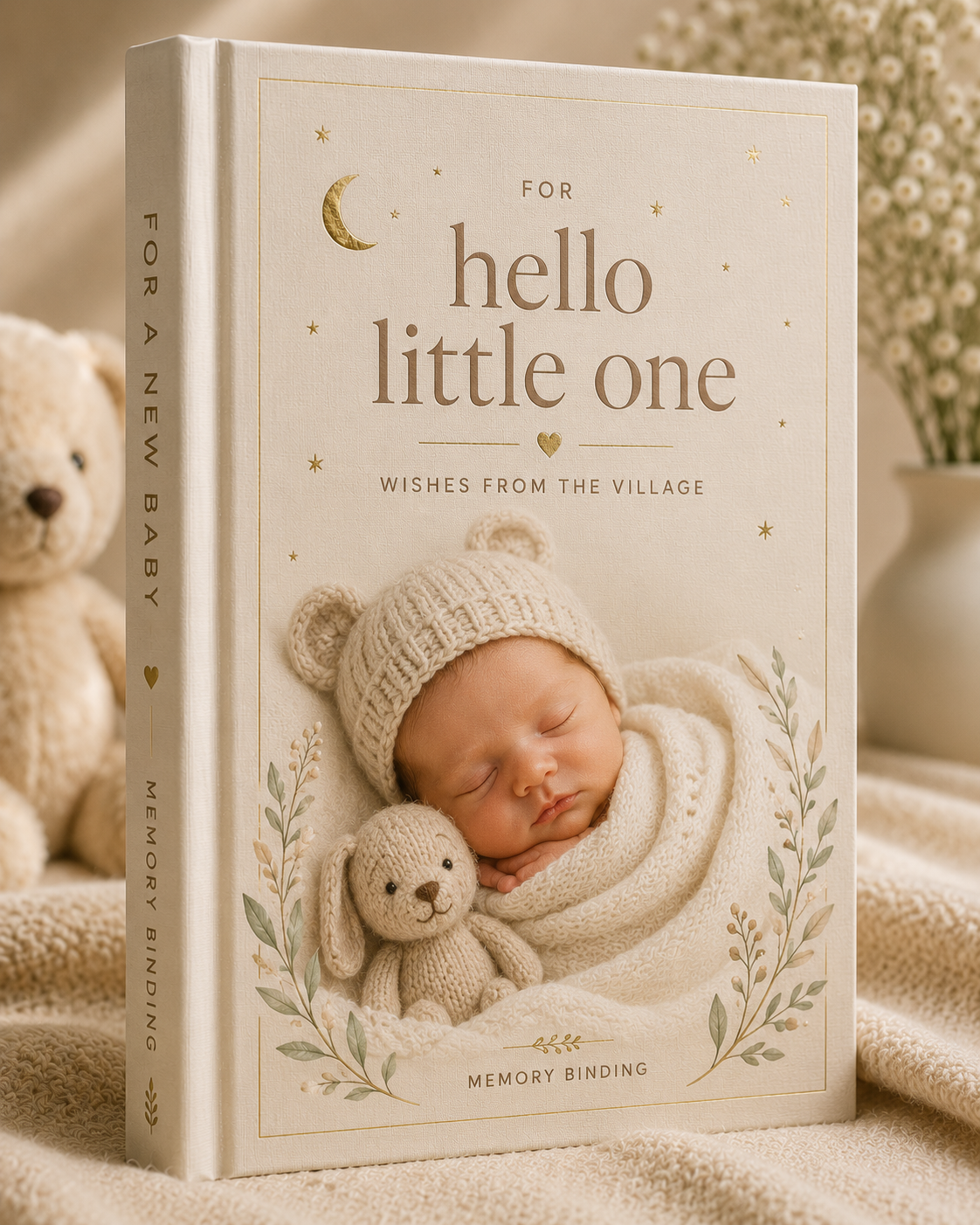 Cream new baby memory book with sleeping baby, gold details, and botanical artwork