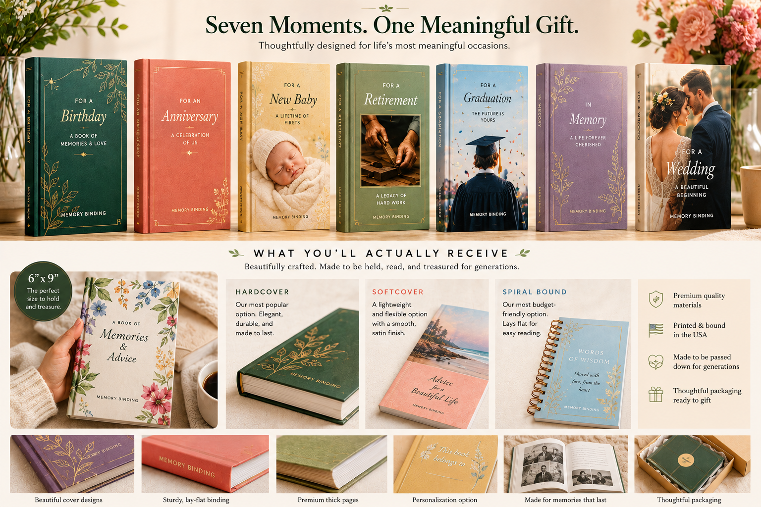 Seven Memory Binding occasion books and product details showing birthday, anniversary, baby, retirement, graduation, memory, and wedding books.