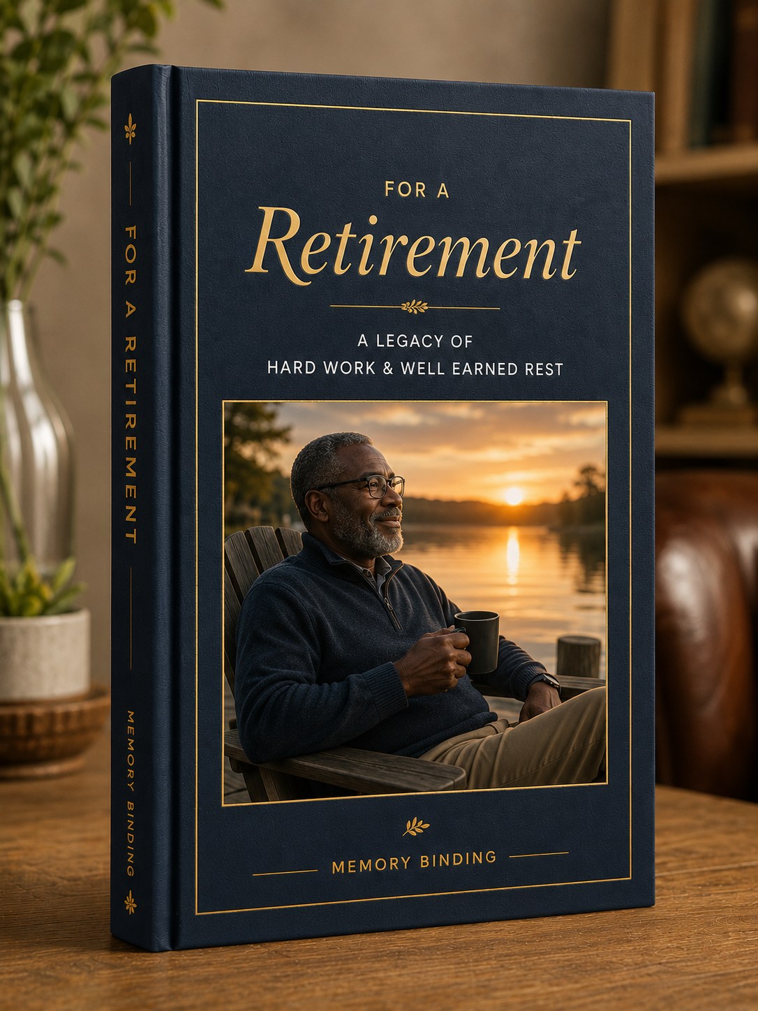 Navy retirement memory book with gold details and lakeside portrait cover