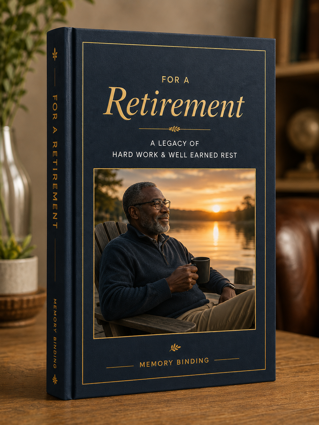 Navy retirement memory book with gold details and lakeside portrait cover